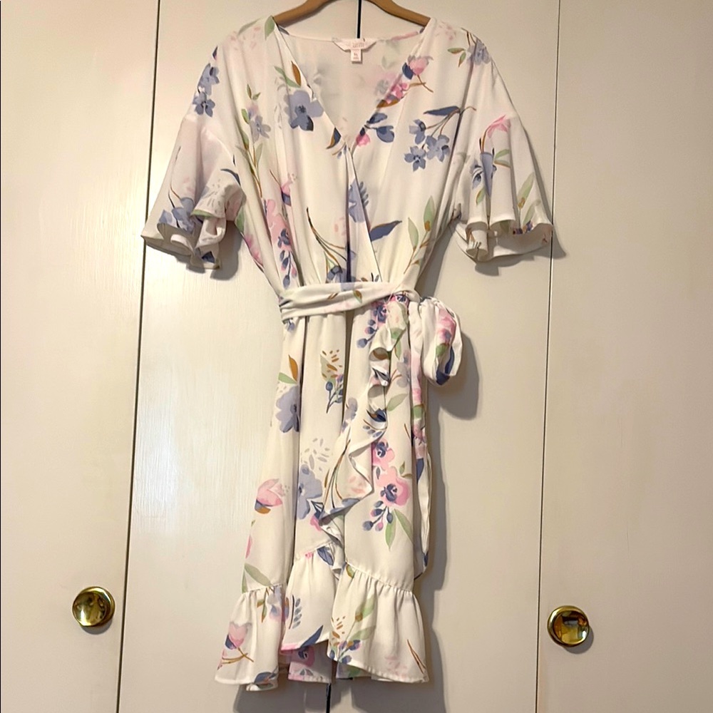LC Lauren Conrad Blue and Pink Ruffled Wrap Sundress